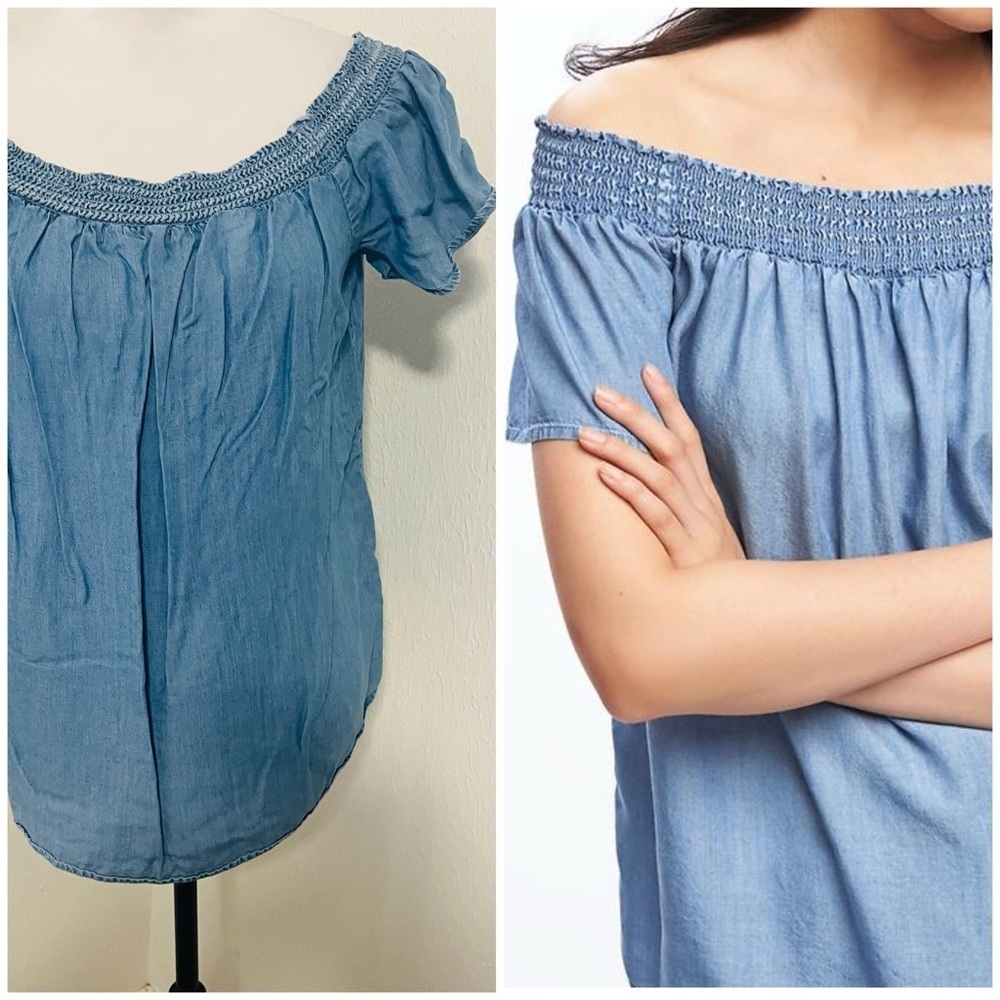 Old Navy Women’s Large Relaxed Off-the-Shoulder Swing Chambray Top Blouse